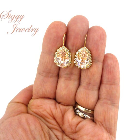 Swarovski Crystal Vintage Rose Bridal Drop Halo Earrings in a Pear Shape - Picture 10 of 14